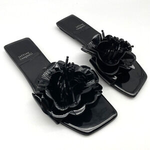 Jeffrey Campbell Bloomsday Black Patent Leather Large Flower Flat Sandals Size 5